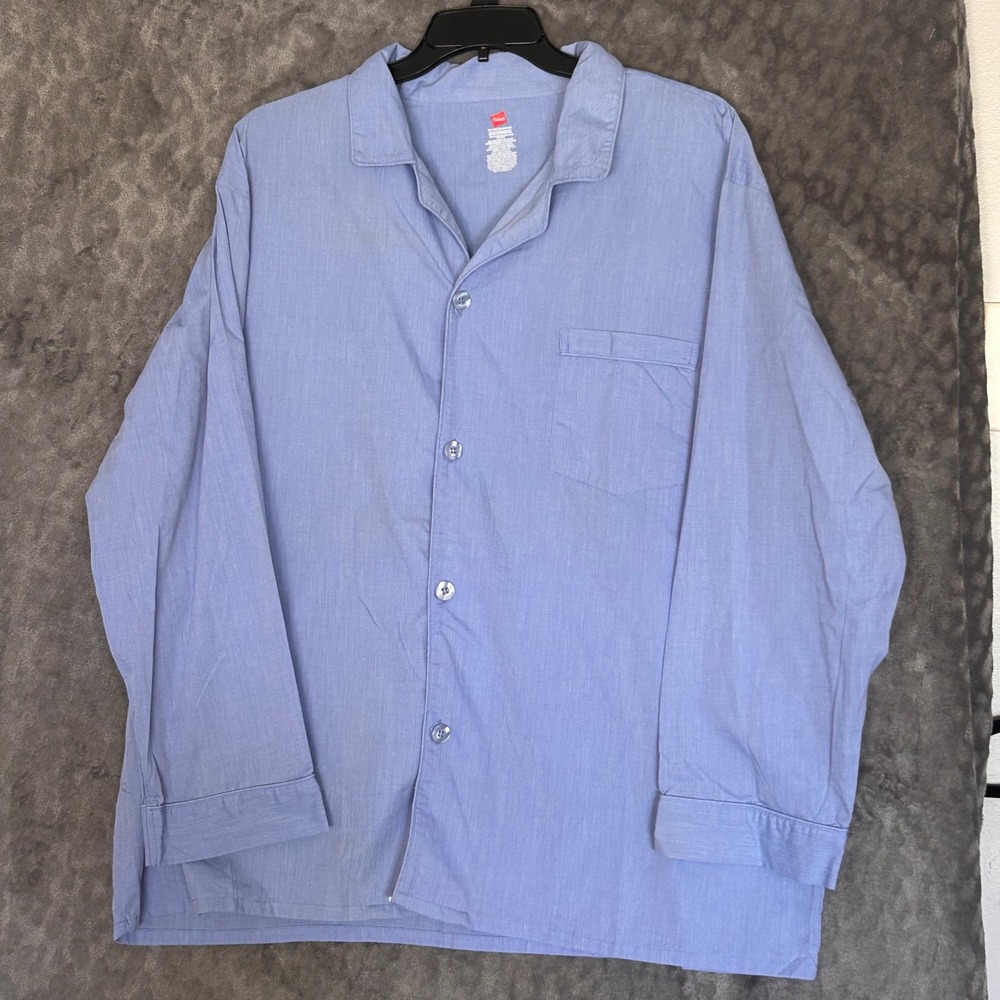 Hanes Mens Blue Long Sleeve Pajama Top Button Down Sleep Shirt Size 2XL